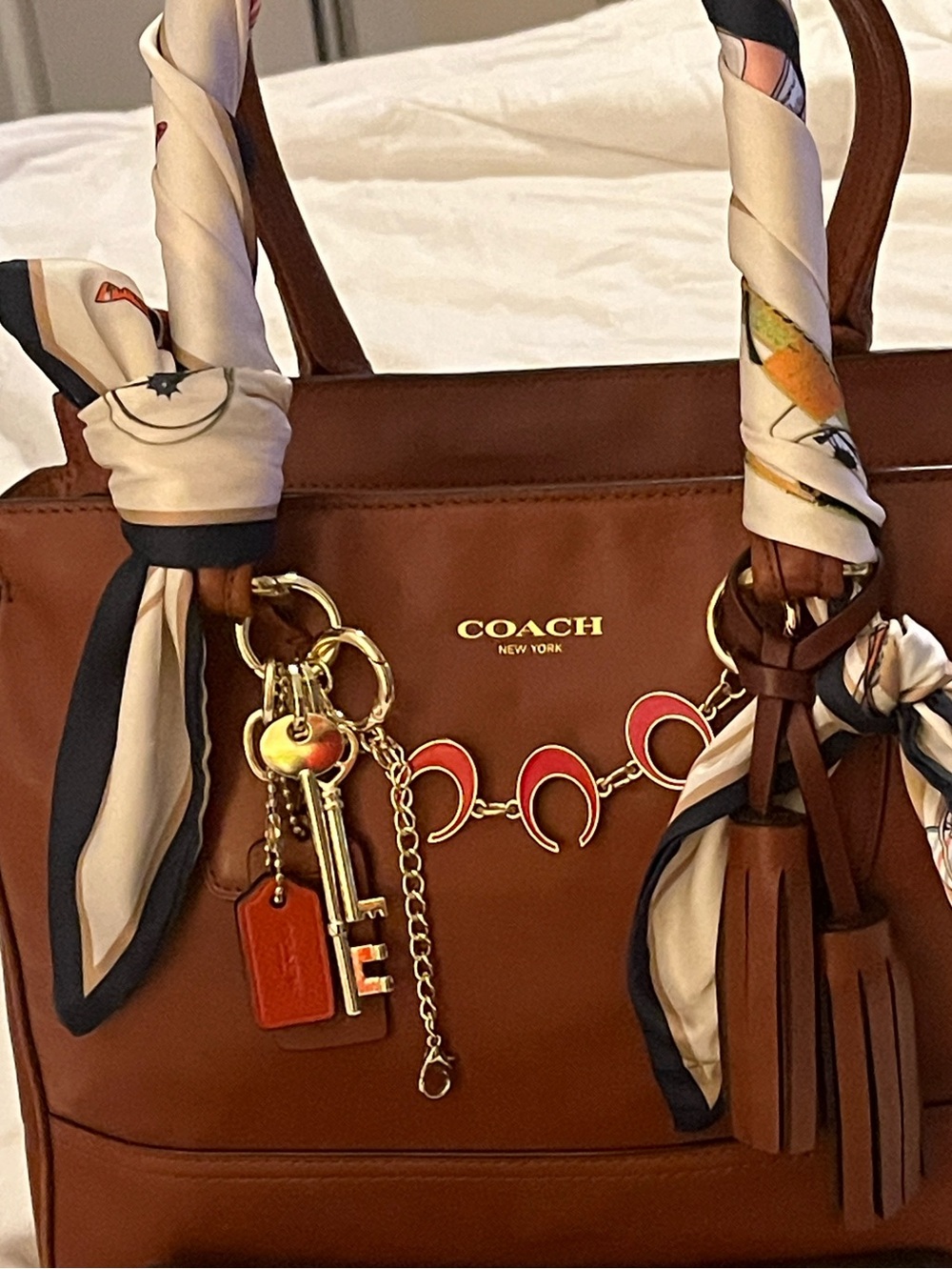 Legacy COACH Brown Leather Tote with Scarf-Wrapped Handles and Tassel Charm